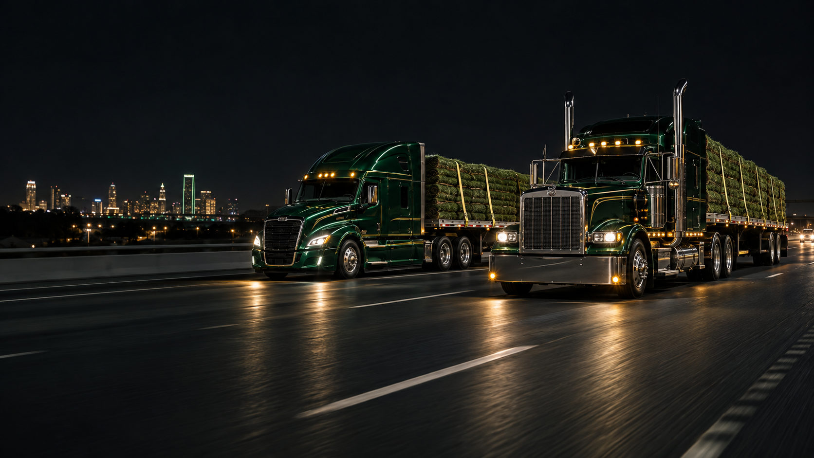 Two candy-green flatbed trucks hauling sod on an interstate at night